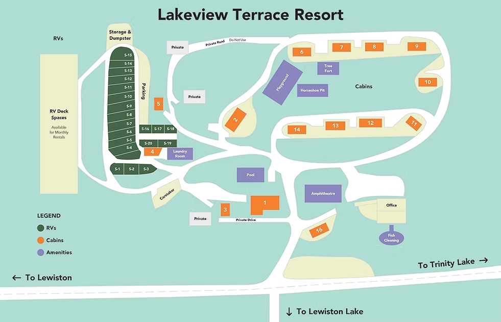 Lakeview Terrace Resort site map showing cabins, RV sites, pool, playground, and amenities